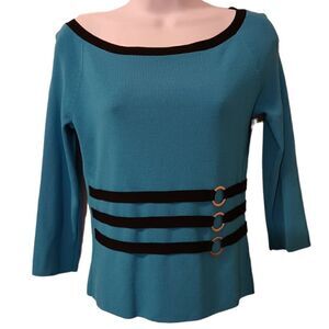 Pointelle turquoise/black bateau neck knit top sweater size S